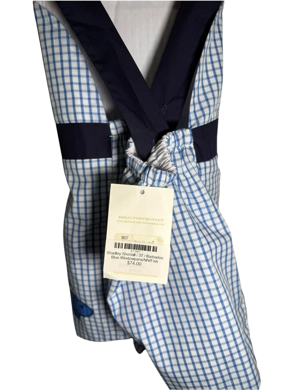 The Beaufort Bonnet Company Shadley Shortall Blue Windowpane Fish Applique NWT